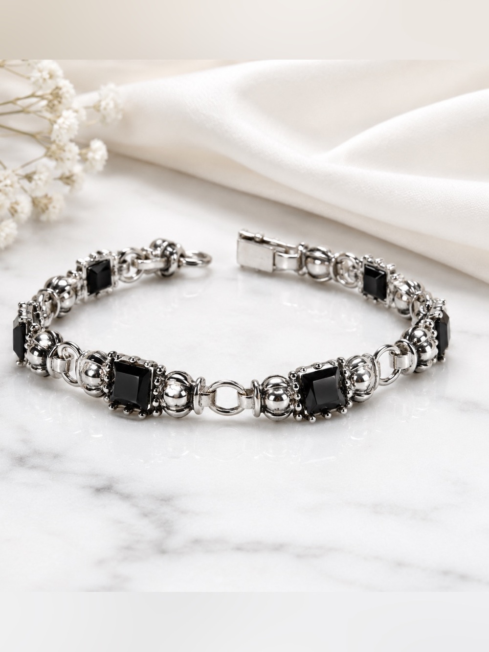 925 Sterling Silver Black Onyx Link Bracelet | Vintage Style | 7”